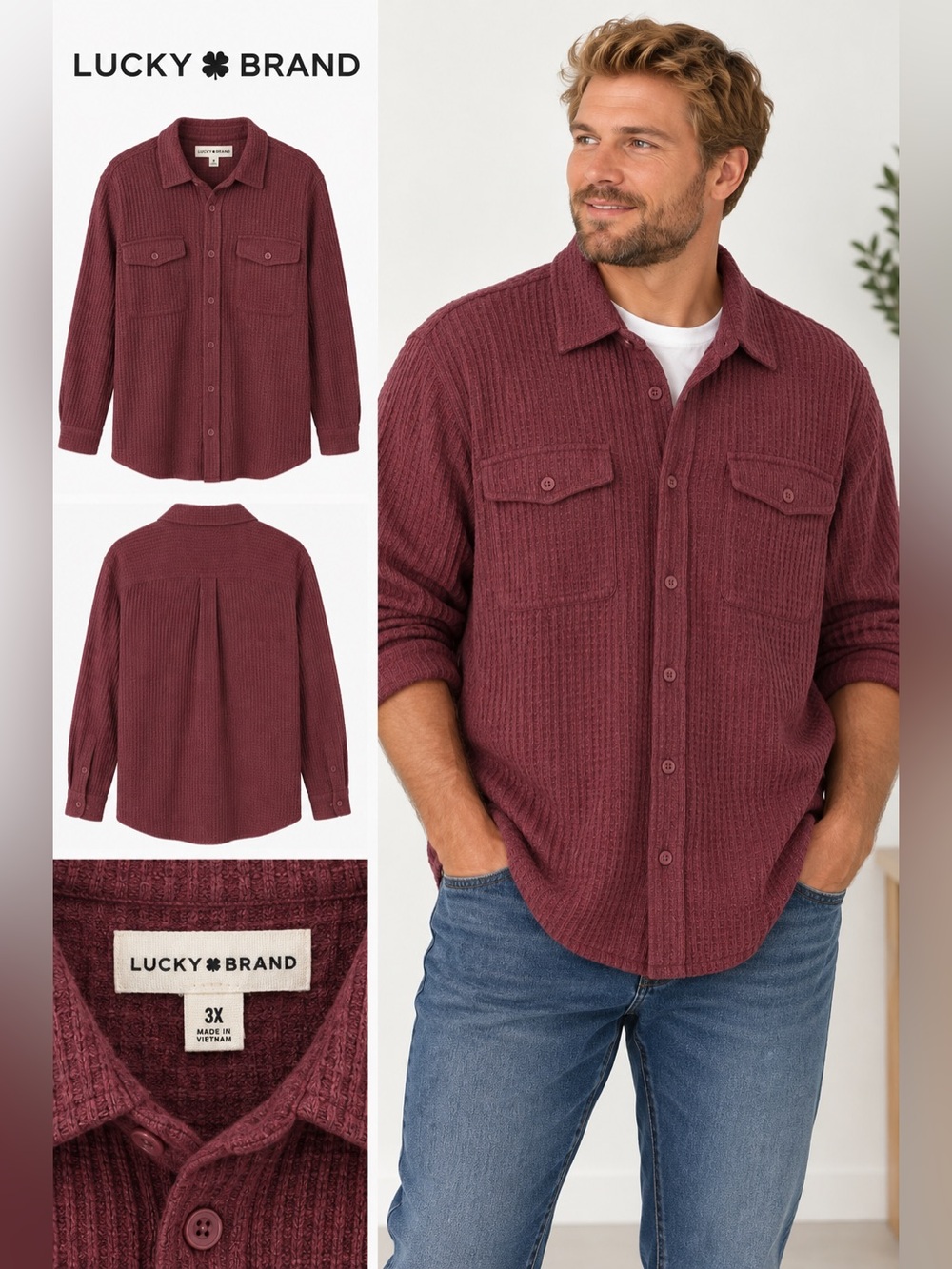 Lucky Brand Waffle Knit Button-Up Shirt Burgundy 3X